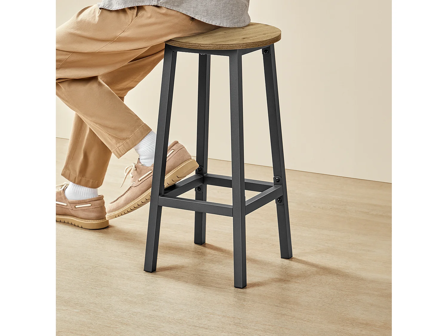 Tabouret de bar rond chêne artisan acier noir 32x65 cm