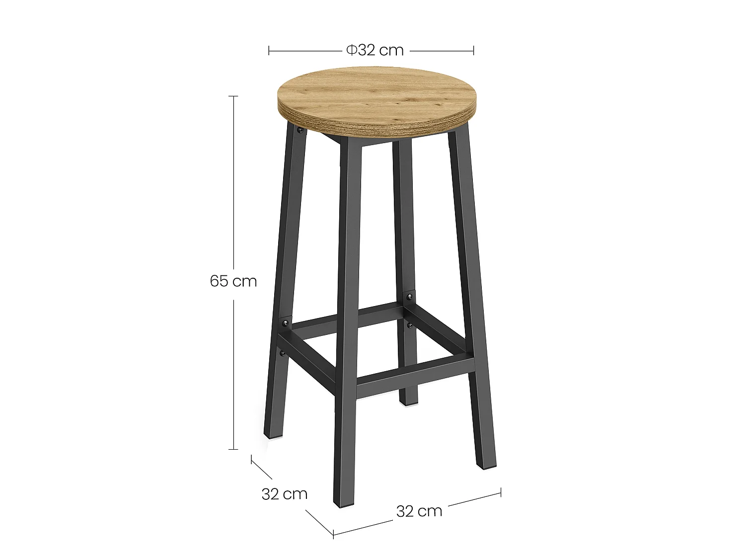 Tabouret de bar rond chêne artisan acier noir 32x65 cm