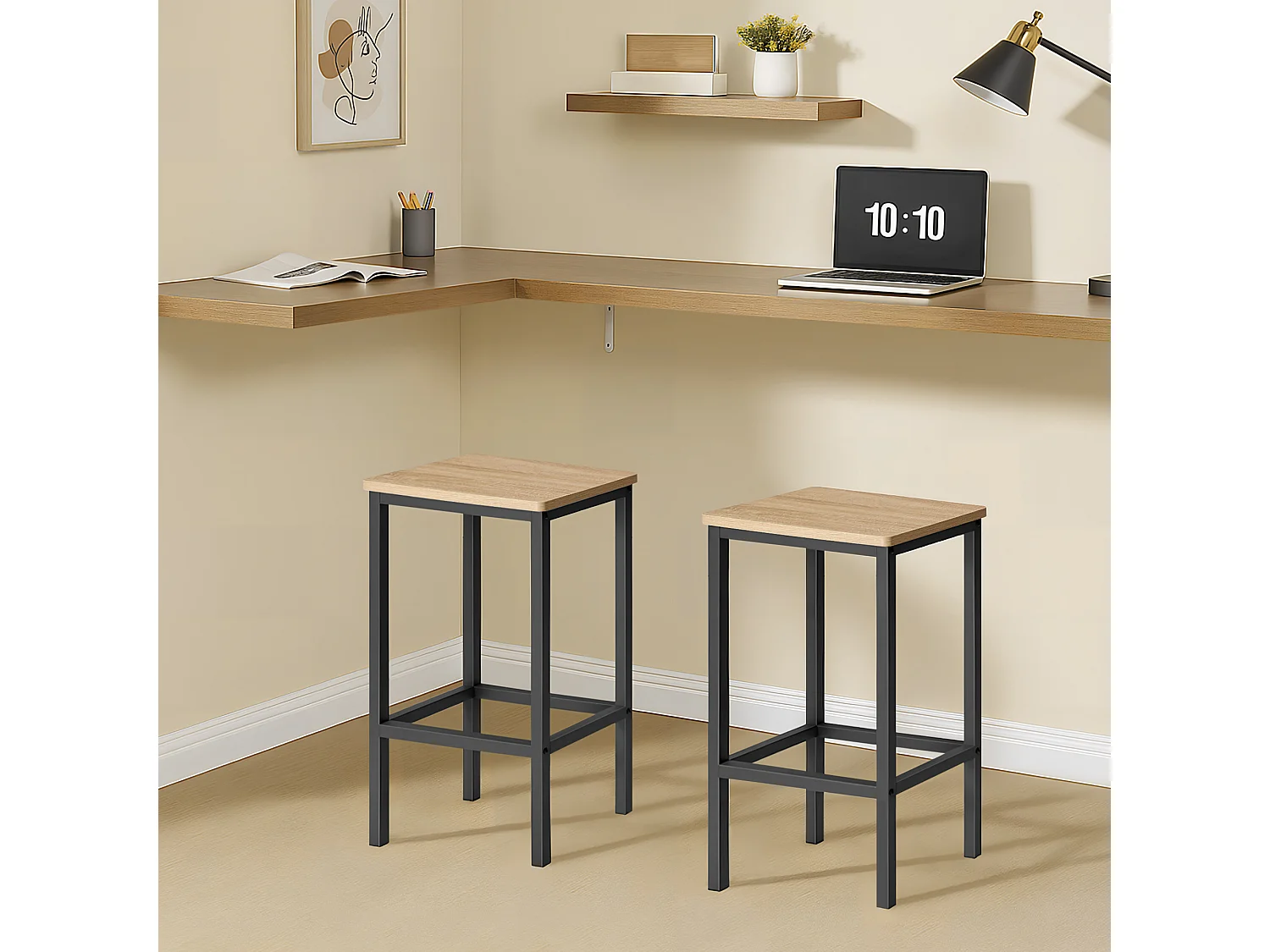Lot de 2 tabourets de bar loft Sonoma métal noir 40x30x65 cm