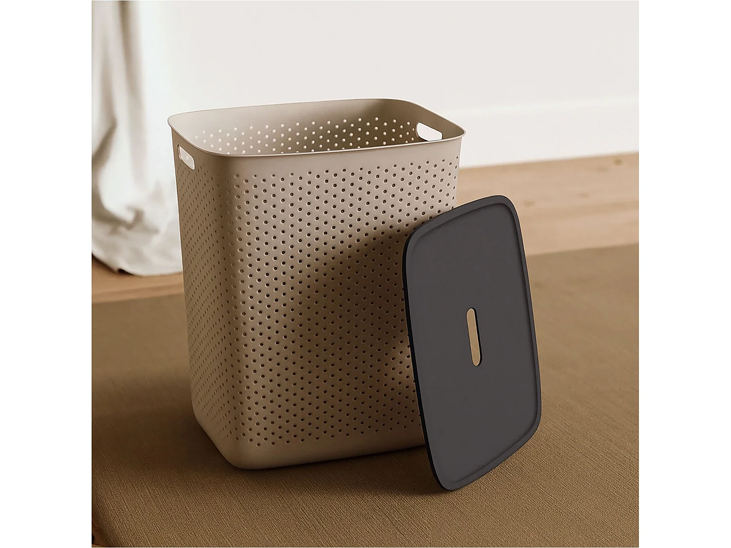 Panier à linge autoportant en plastique marron 60 L 58x45x34 cm