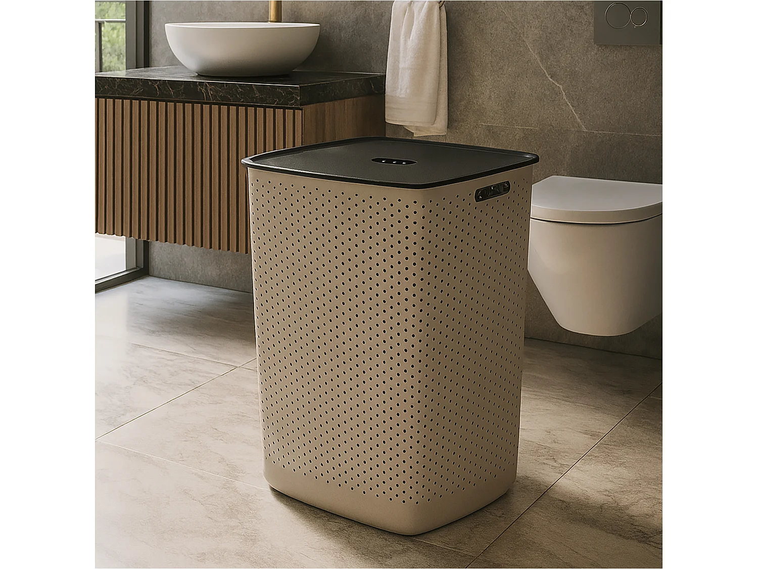 Panier à linge autoportant en plastique marron 60 L 58x45x34 cm