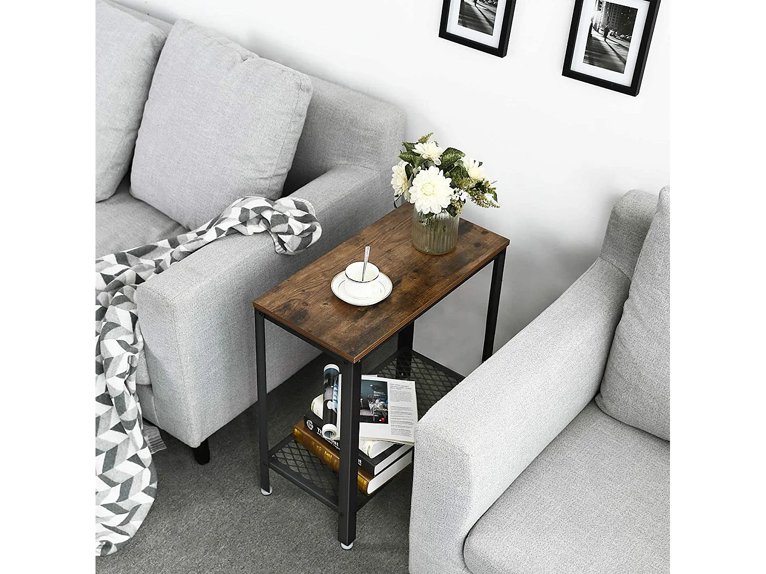 Loft consoletafel met plank, spaanplaat en metaal, rustiek bruin, 60x30x60 cm