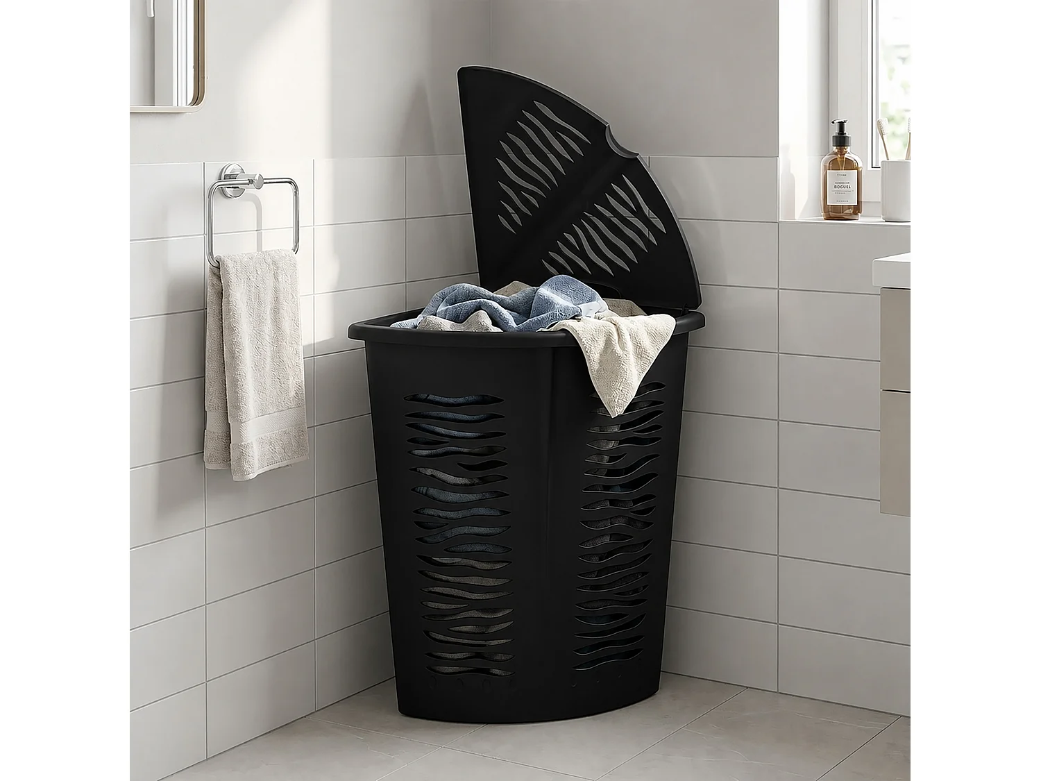 Panier à linge d’angle avec couvercle plastique anthracite 45 l 52 cm