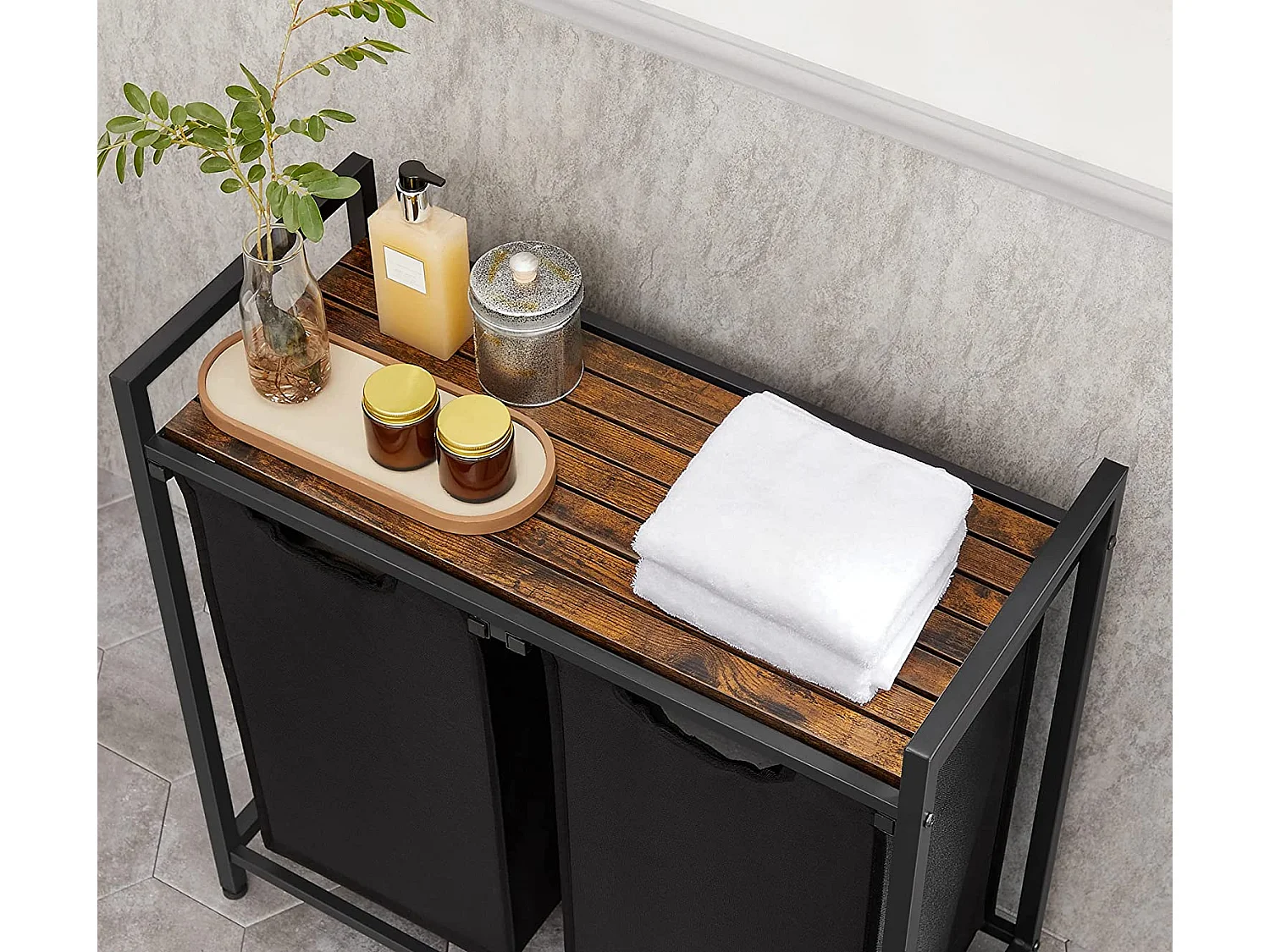 Badkamerkast wasmand met 2 vakken metaal zwart 73x33x72 cm