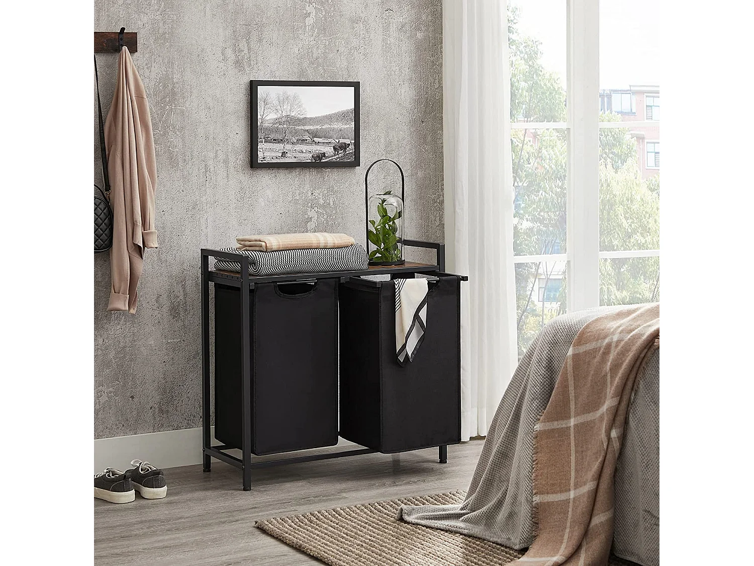 Badkamerkast wasmand met 2 vakken metaal zwart 73x33x72 cm