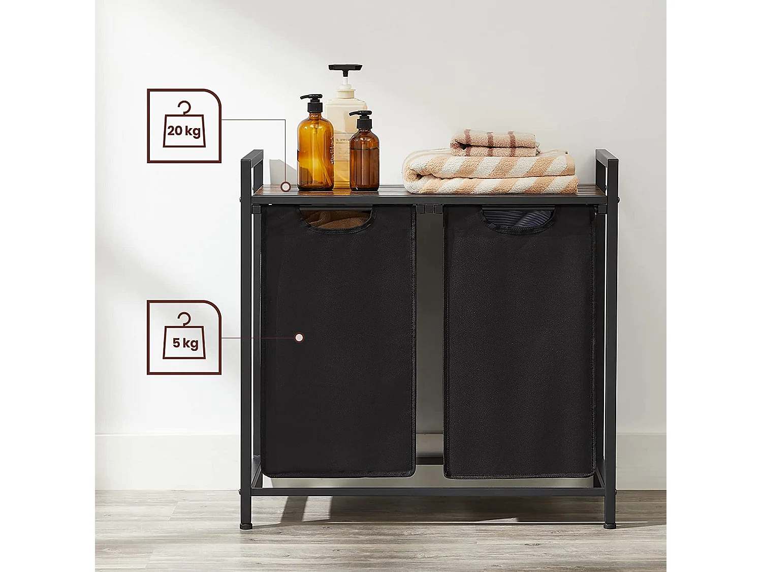 Badkamerkast wasmand met 2 vakken metaal zwart 73x33x72 cm