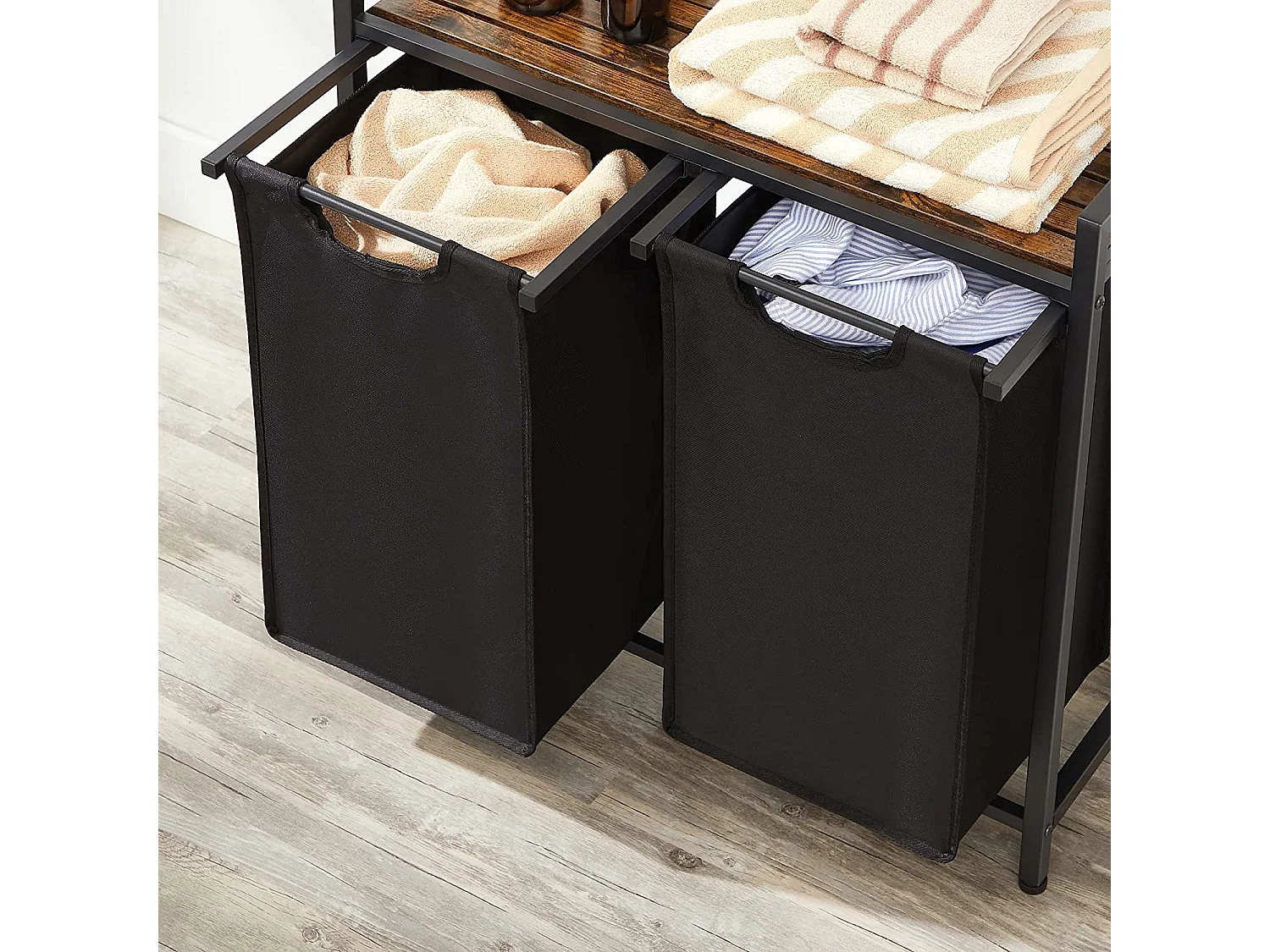 Badkamerkast wasmand met 2 vakken metaal zwart 73x33x72 cm
