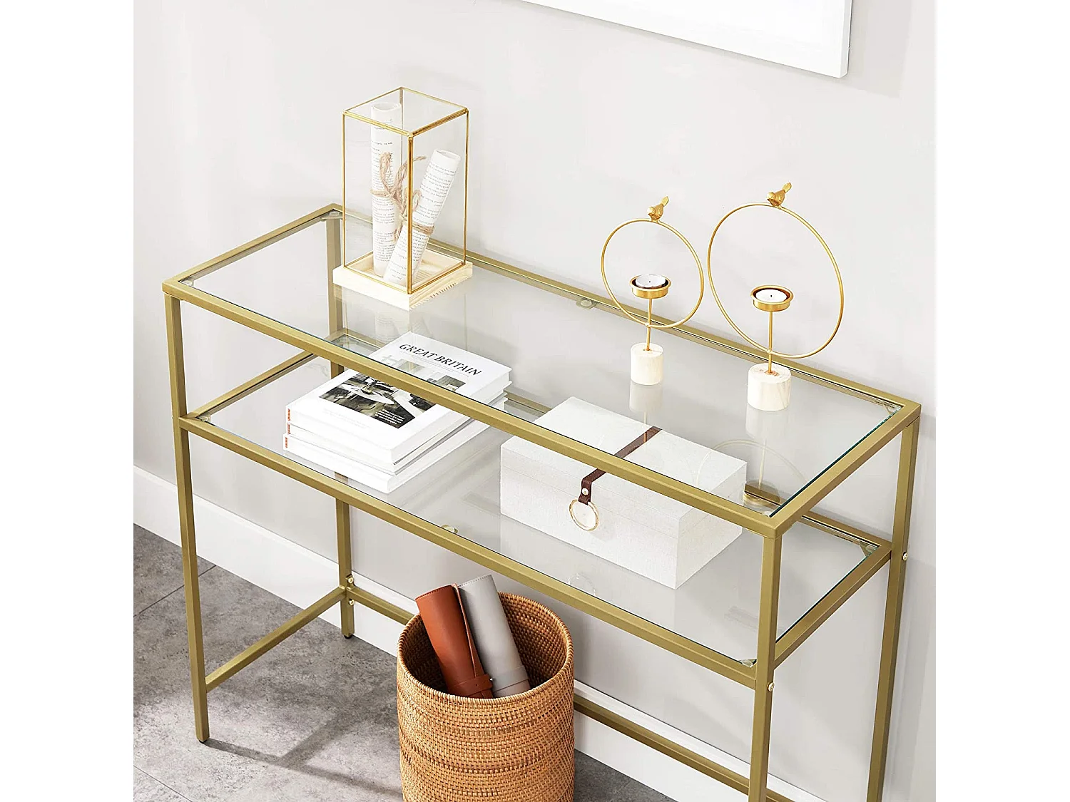 Consoletafel met plank van gehard glas en metaal goud 100x35x80 cm