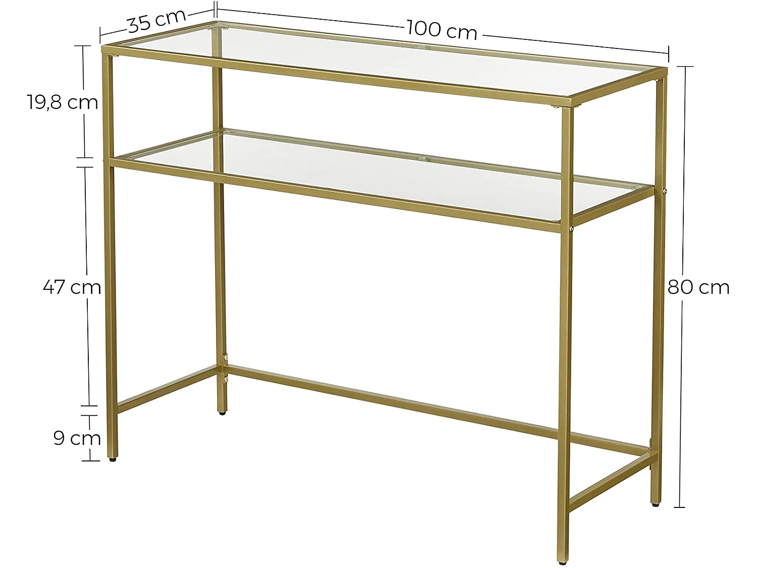 Consoletafel met plank van gehard glas en metaal goud 100x35x80 cm