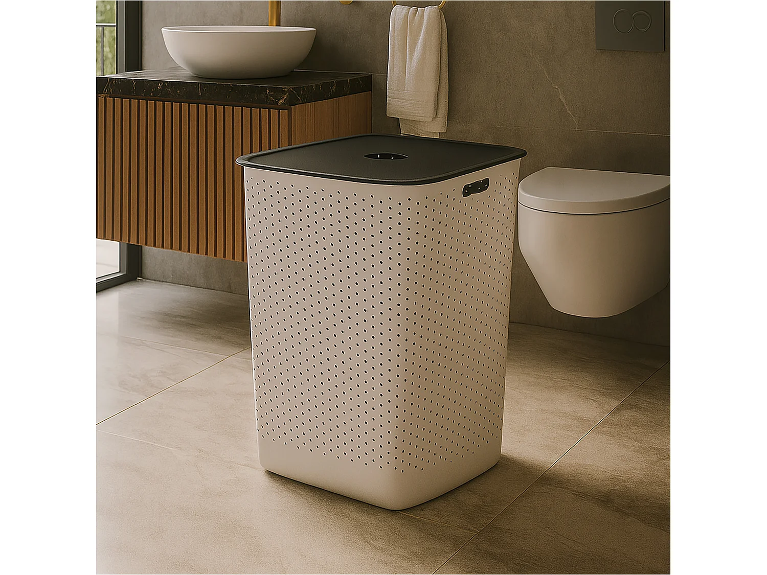 Panier à linge ajouré avec couvercle plastique blanc 60 L 58x45x34 cm