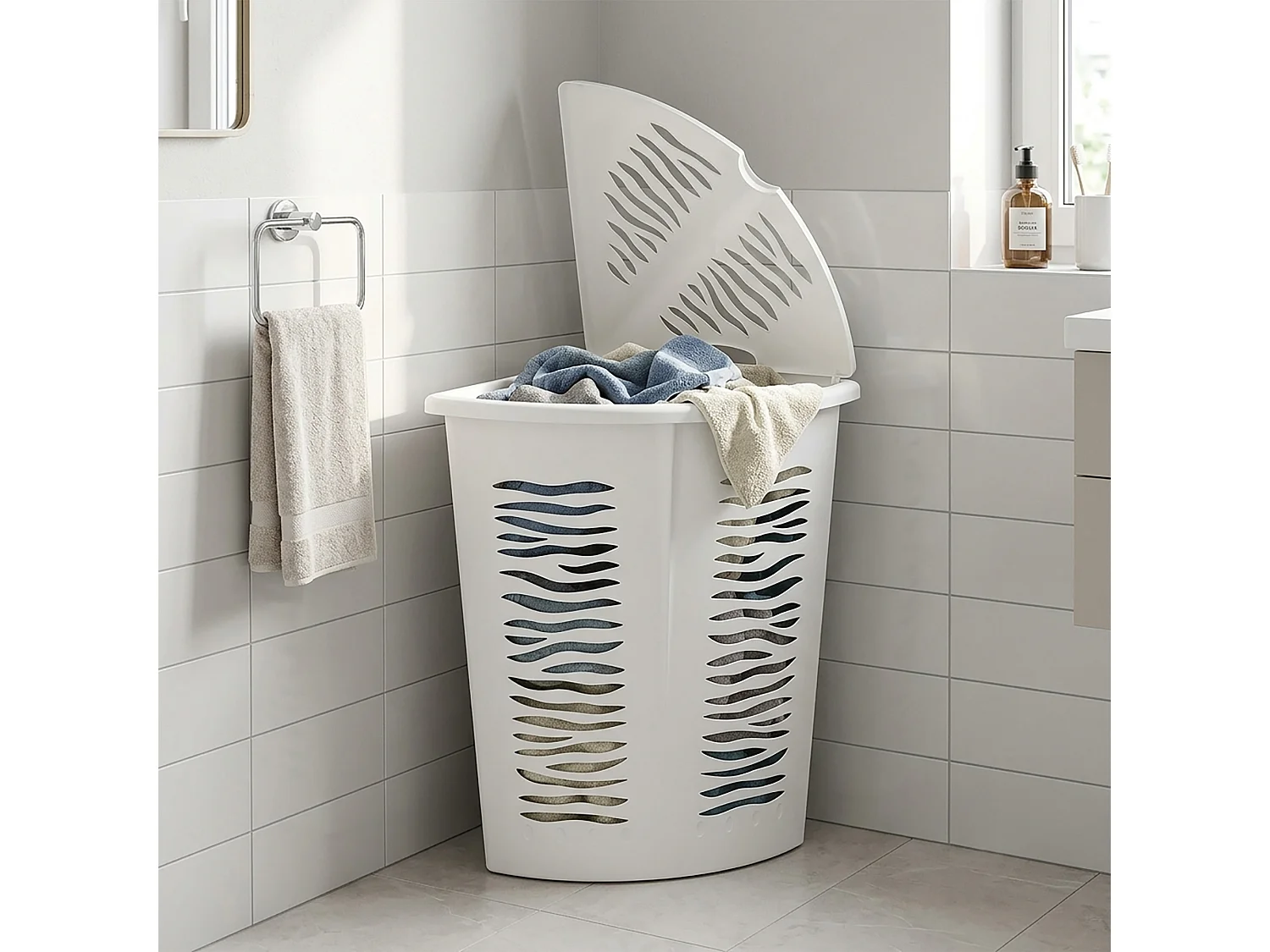 Panier à linge d’angle avec couvercle plastique blanc 45 l 36,5x36,5 cm