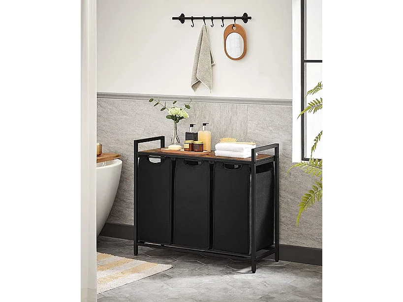 Badkamerkast wasmand met 3 vakken metaal zwart 92,5x33x71 cm