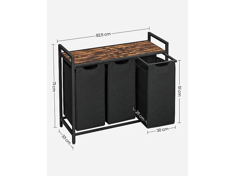 Badkamerkast wasmand met 3 vakken metaal zwart 92,5x33x71 cm