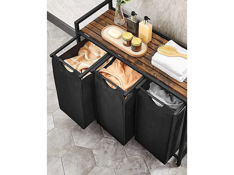 Badkamerkast wasmand met 3 vakken metaal zwart 92,5x33x71 cm