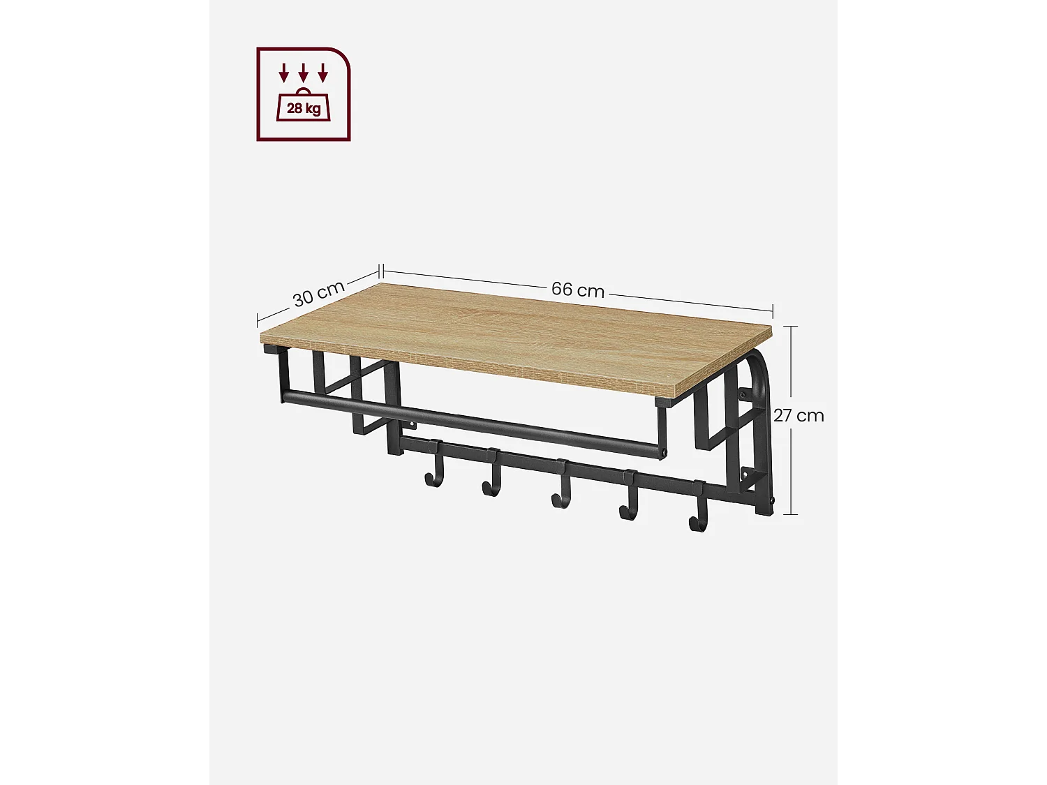 Wandplank met haken Sonoma hout zwart 66x30x27 cm