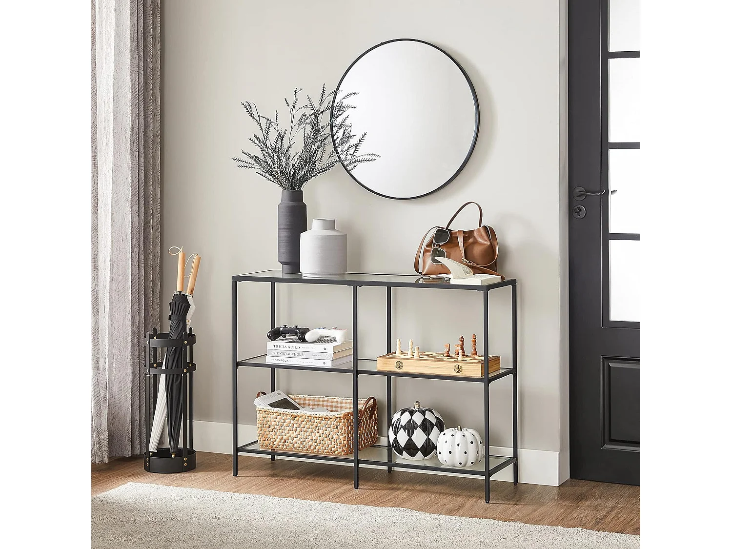 Consoletafel met plank van glas en gepoedercoat staal zwart 100x30x73 cm