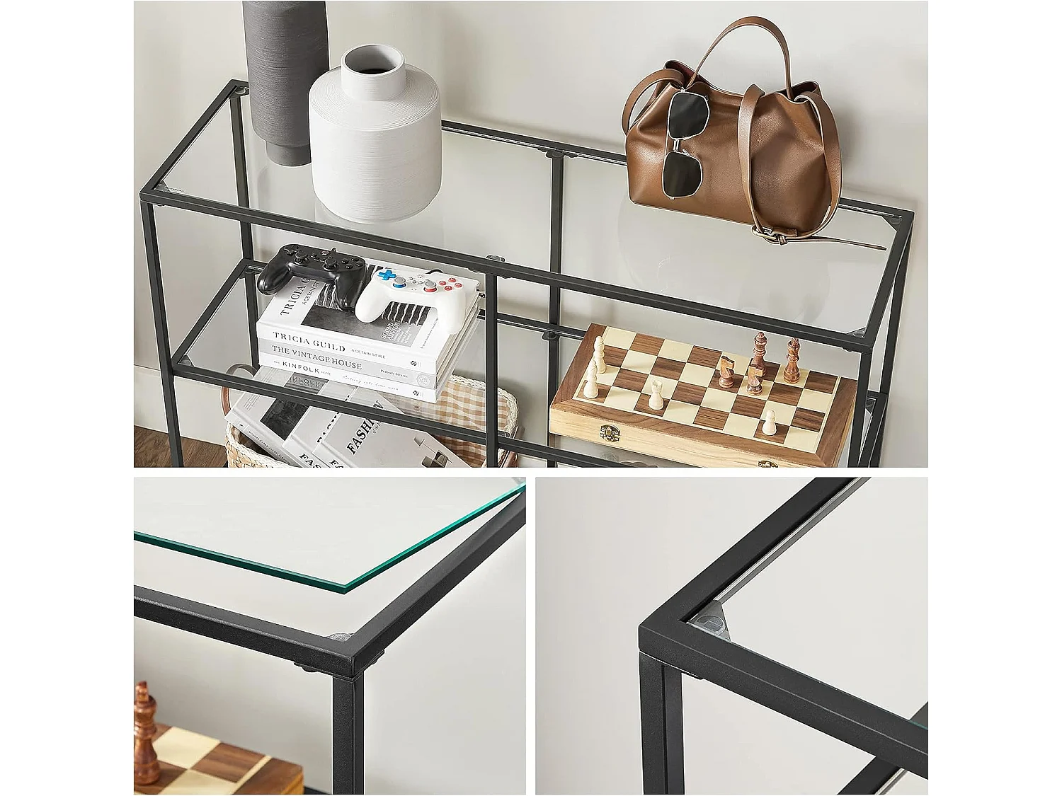 Consoletafel met plank van glas en gepoedercoat staal zwart 100x30x73 cm