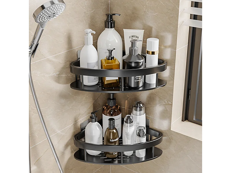 Étagère d’angle de salle de bain 2 pièces en métal noir 21x21x5 cm