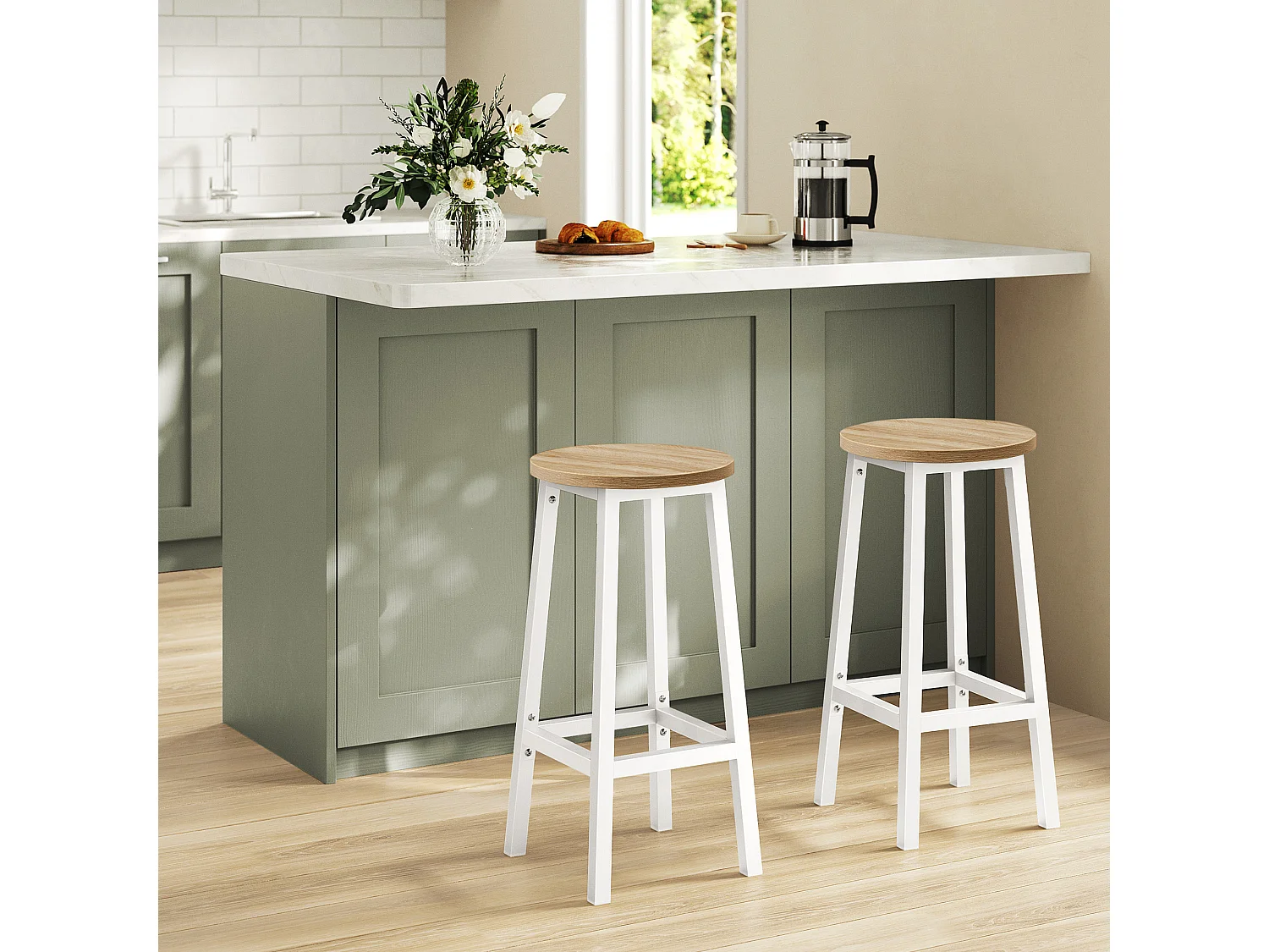 Tabouret de bar rond en aggloméré et acier blanc chêne Sonoma 32x65 cm