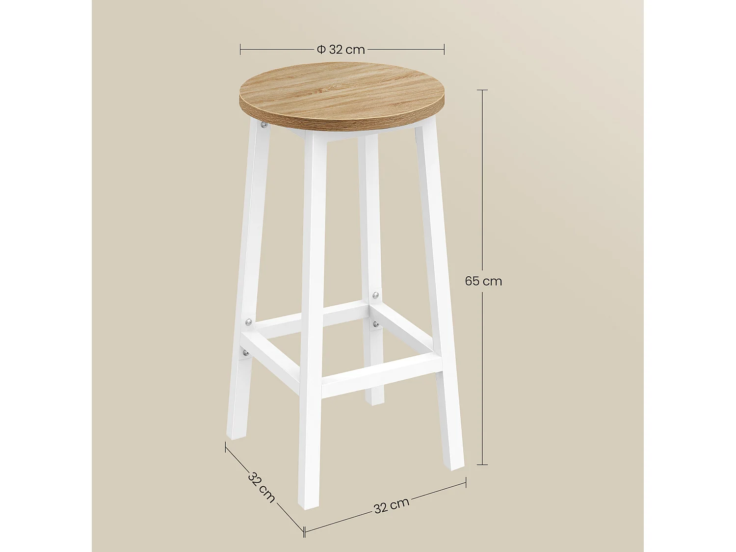 Tabouret de bar rond en aggloméré et acier blanc chêne Sonoma 32x65 cm