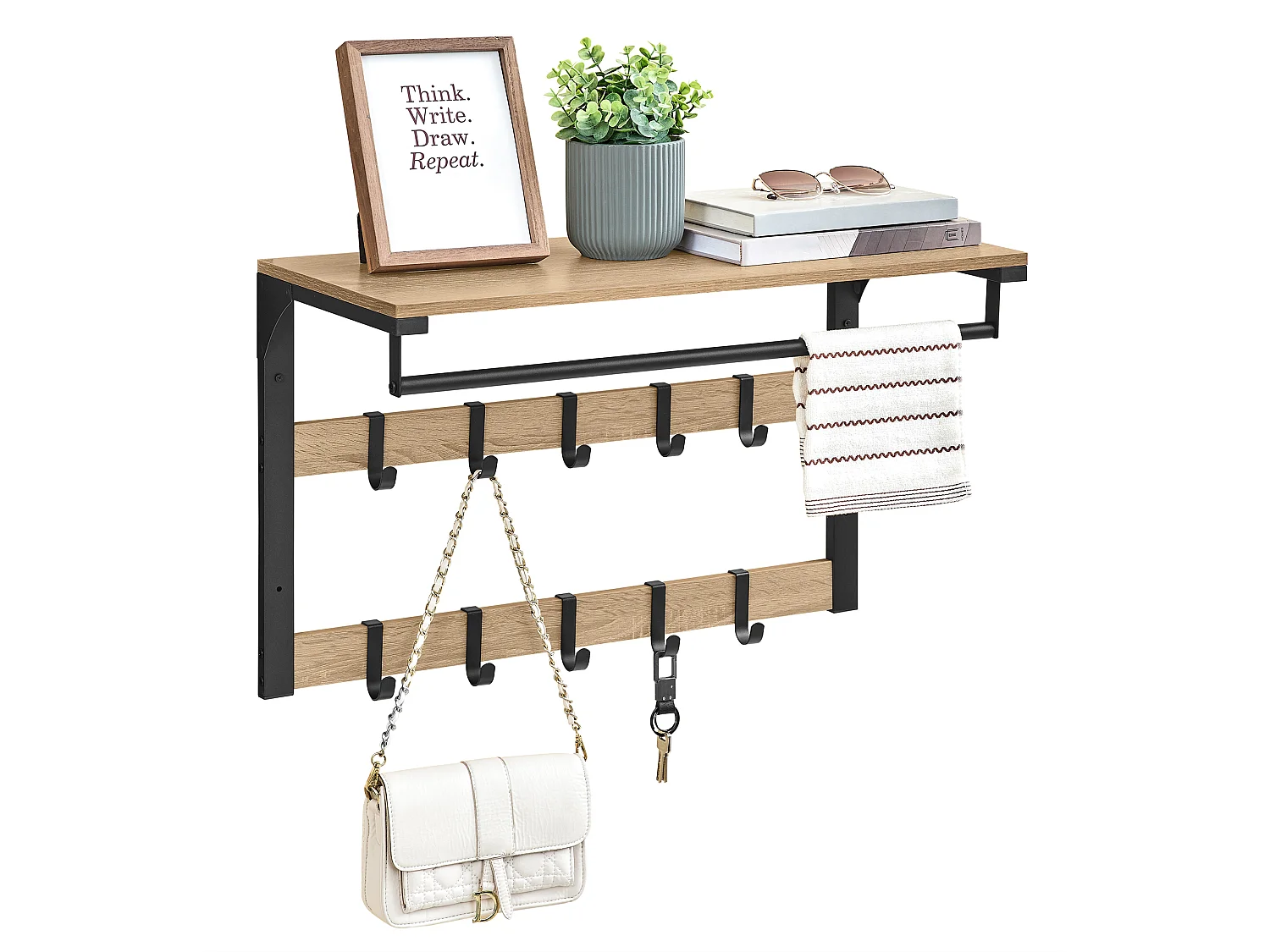 Wandplank met haken - Sonoma - spaanplaat staal zwart 65x30x42 cm