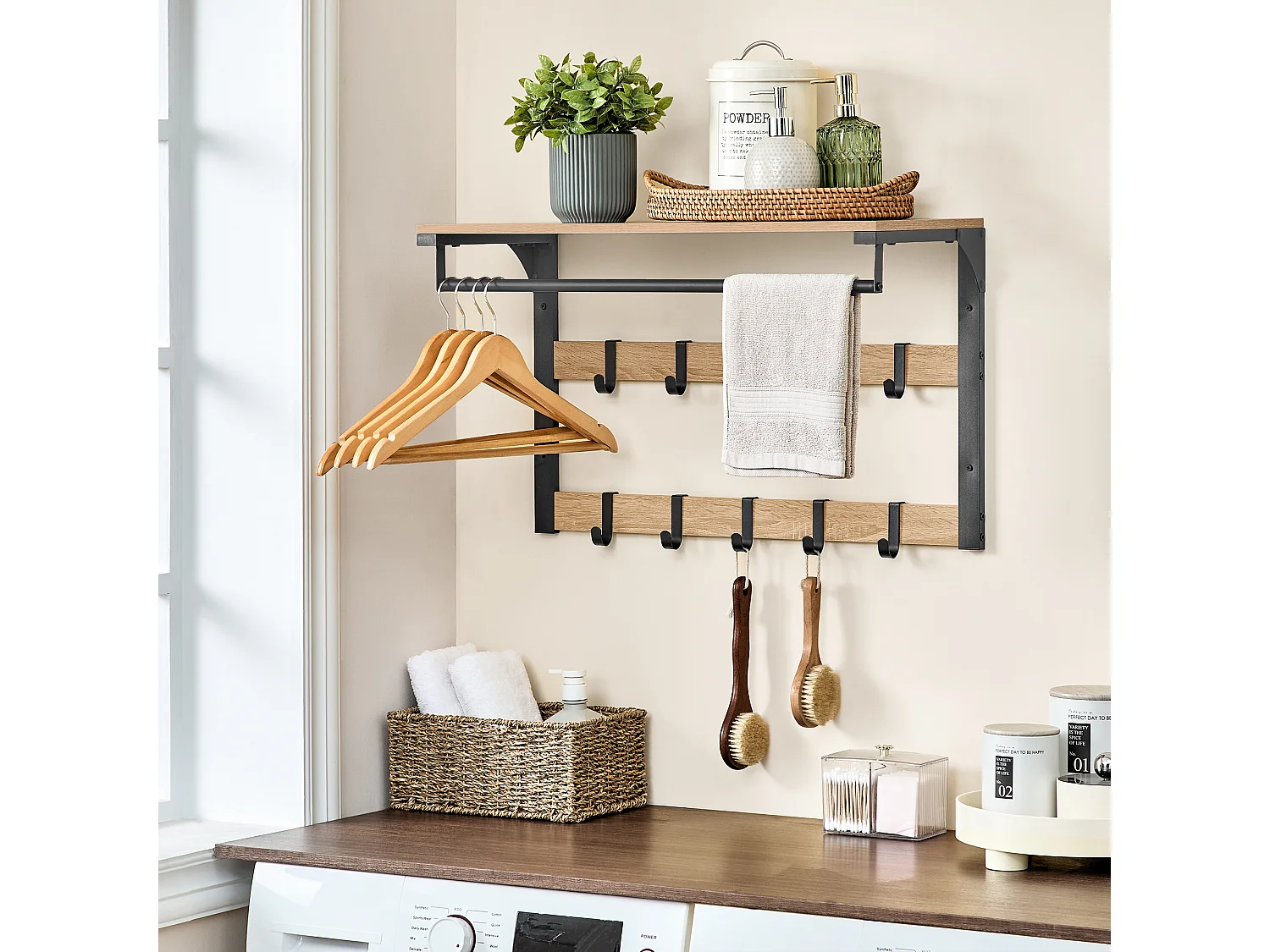 Wandplank met haken - Sonoma - spaanplaat staal zwart 65x30x42 cm