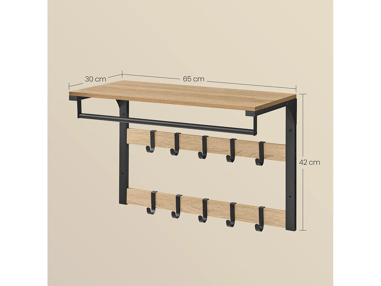 Wandplank met haken - Sonoma - spaanplaat staal zwart 65x30x42 cm