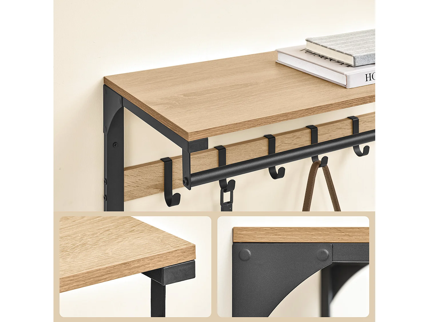 Wandplank met haken - Sonoma - spaanplaat staal zwart 65x30x42 cm