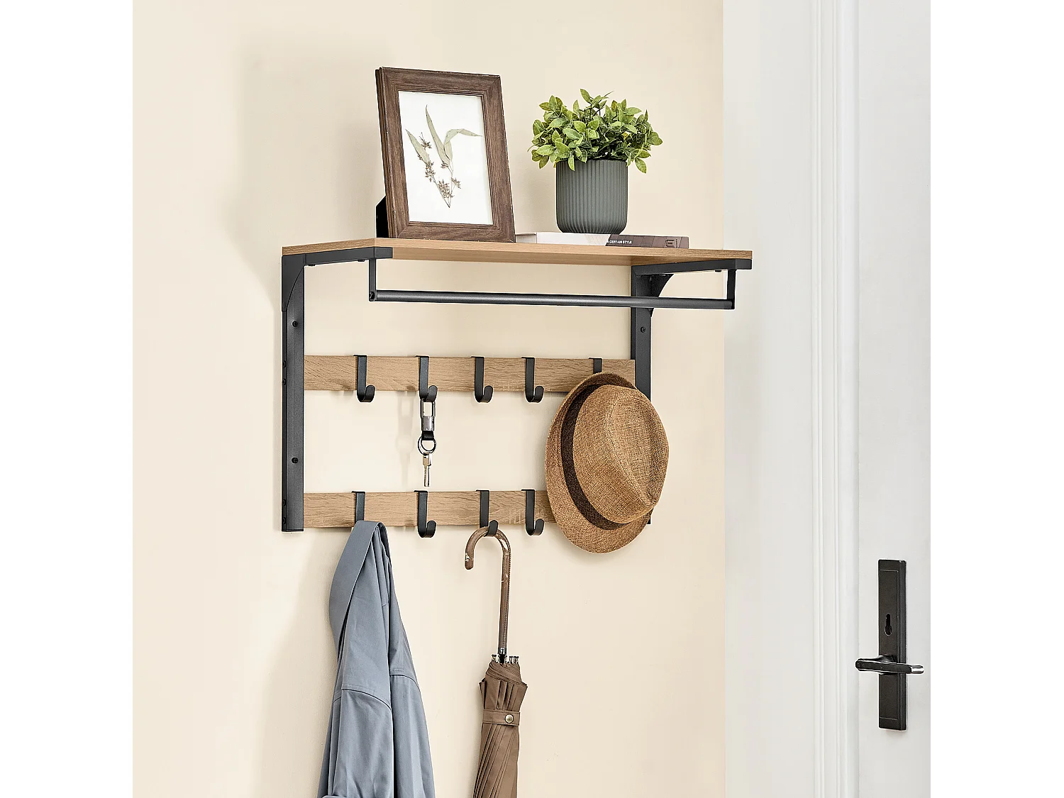 Wandplank met haken - Sonoma - spaanplaat staal zwart 65x30x42 cm