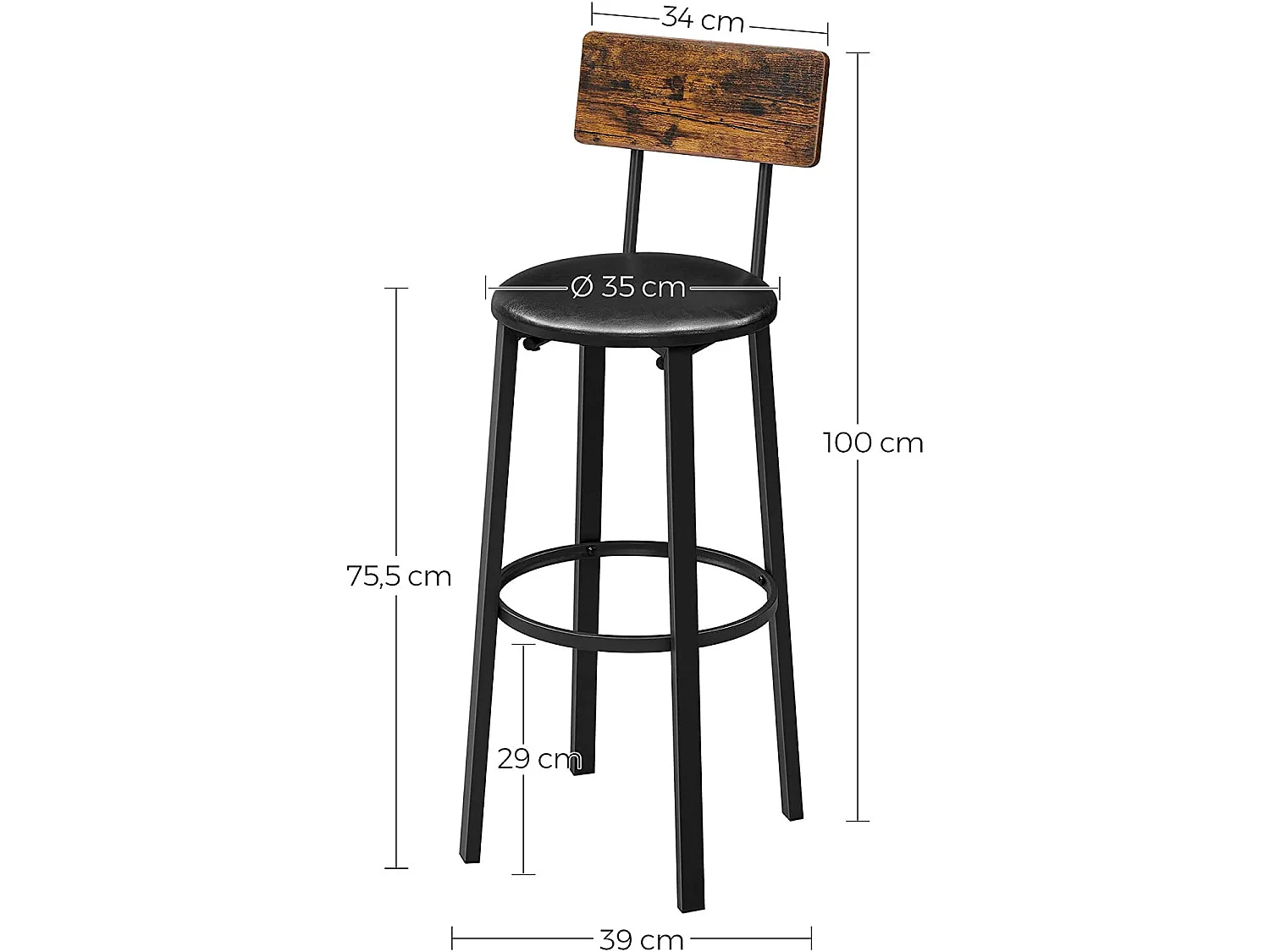 Tabourets de bar 2 pièces rustique métal noir 39x39x100 cm