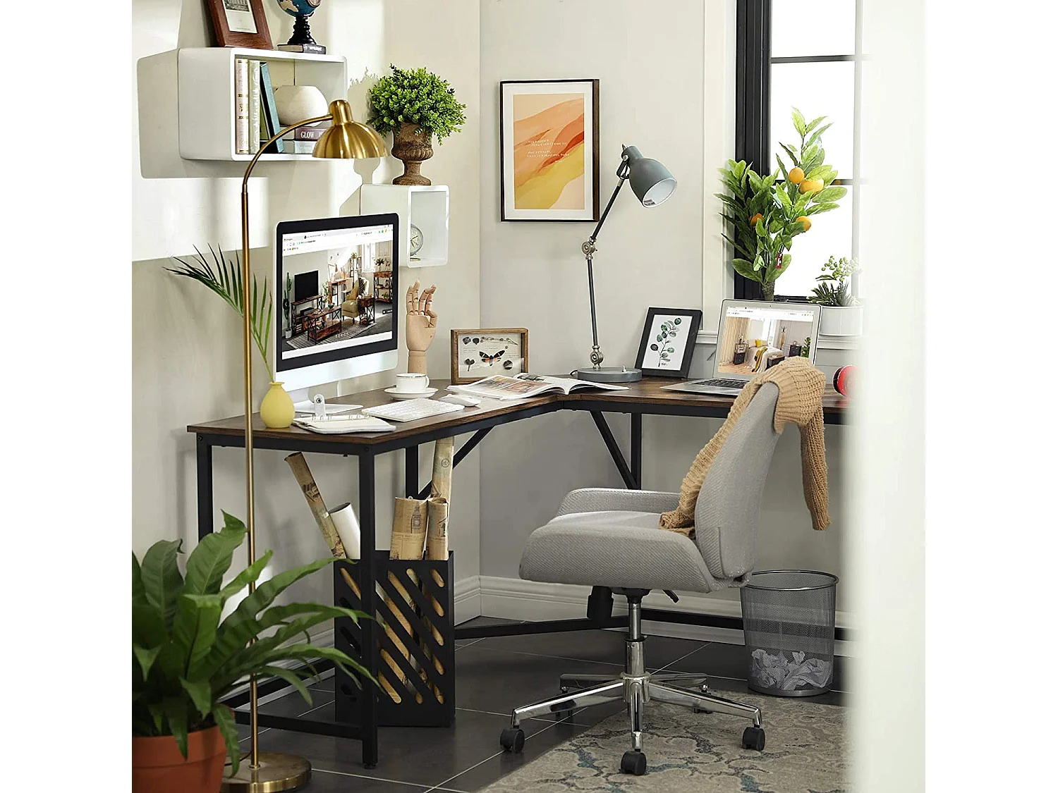 Bureau informatique stable en bois brun rustique et noir 149x149x75 cm