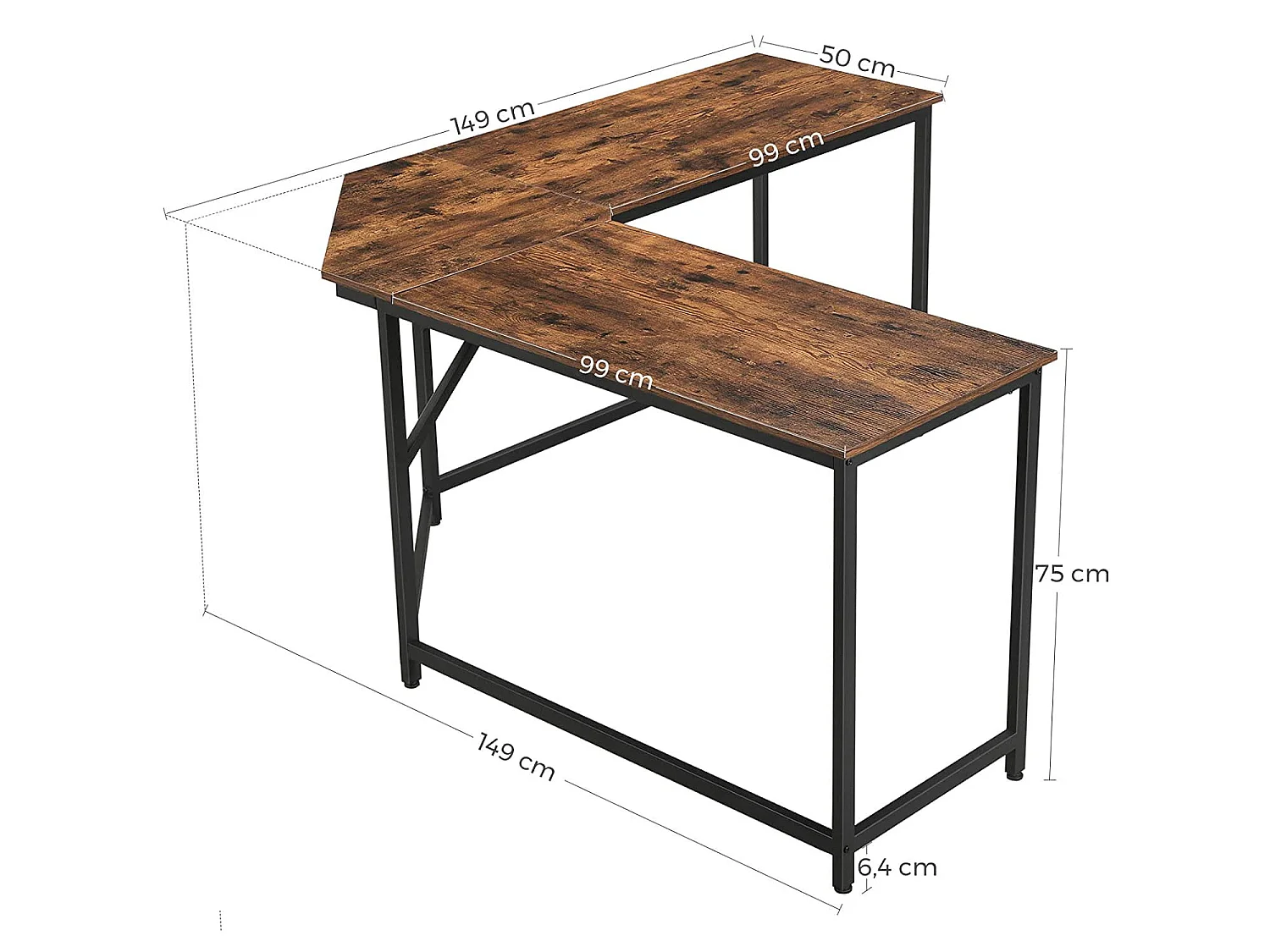 Bureau informatique stable en bois brun rustique et noir 149x149x75 cm