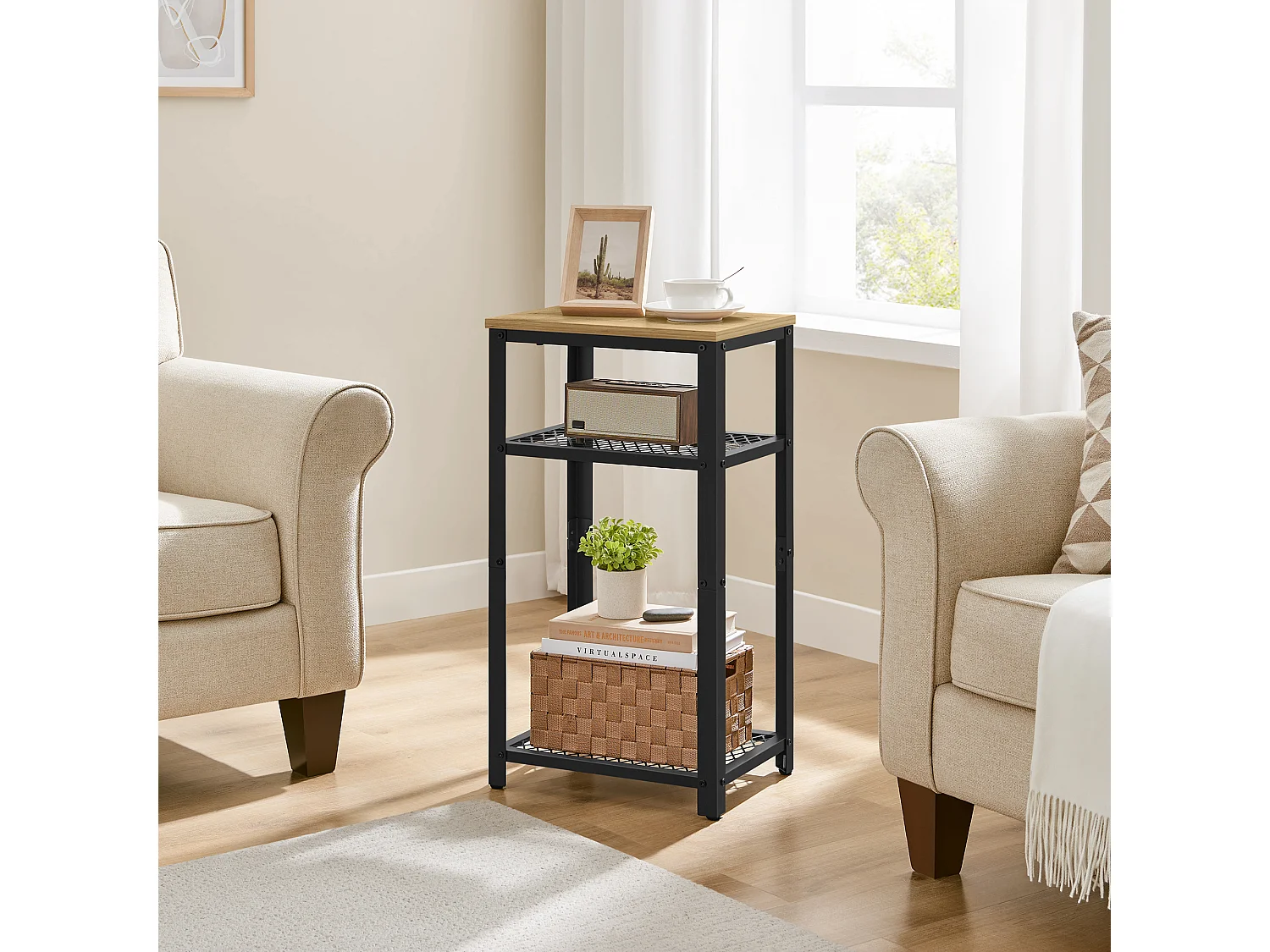 Salontafel met kastje, 2 planken, spaanplaat, staal, eiken artisan, zwart, 40x30x75 cm