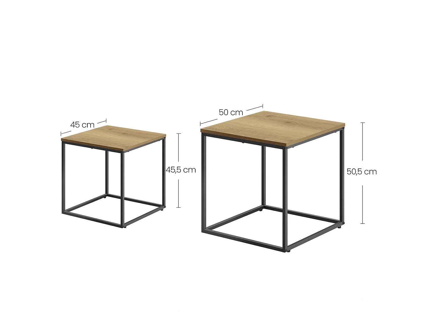 Vierkante salontafel 2 stuks, eiken, zwart, 50x50x50,5 cm / 45x45x45,5 cm
