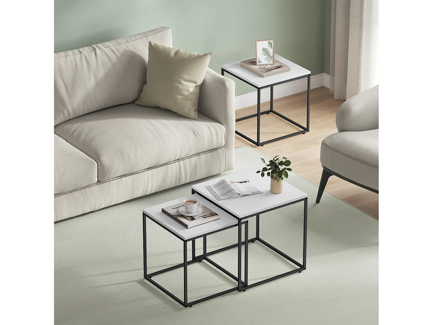 Vierkante salontafel 2-delig, spaanplaat en staal, wit/zwart, 50x50x50,5 cm, 45x45x45,5 cm