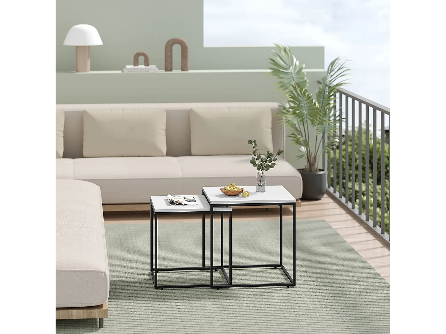 Vierkante salontafel 2-delig, spaanplaat en staal, wit/zwart, 50x50x50,5 cm, 45x45x45,5 cm