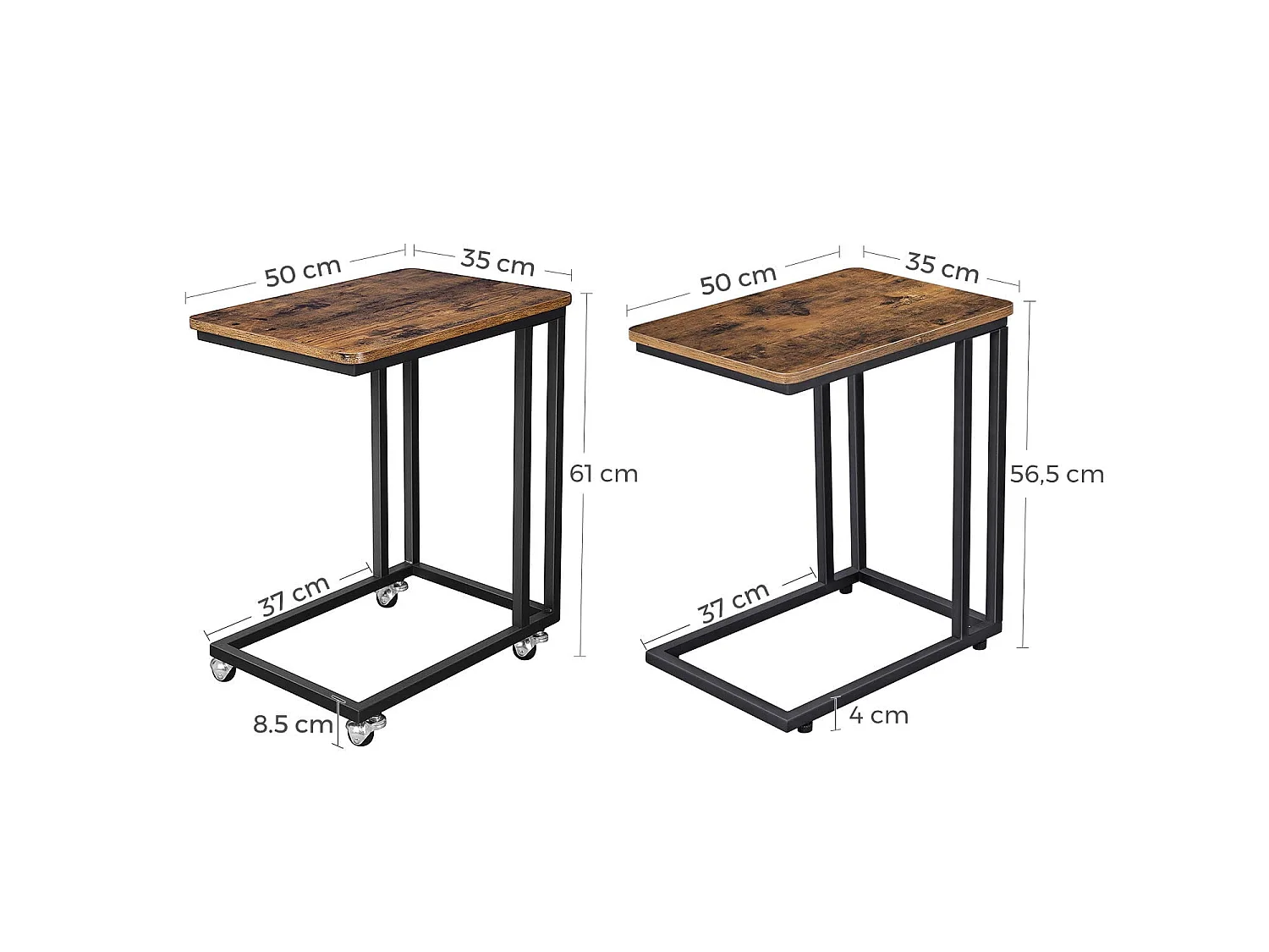 Rijtafel op wielen LNT50X rustiek bruin zwart 50x35x61/56,5 cm