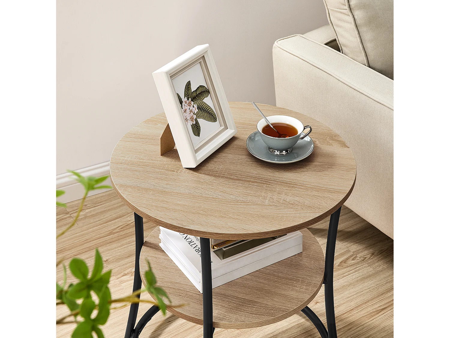 Ronde salontafel in rustieke stijl van spaanplaat en metaal, bruin, 54x54x55,5 cm
