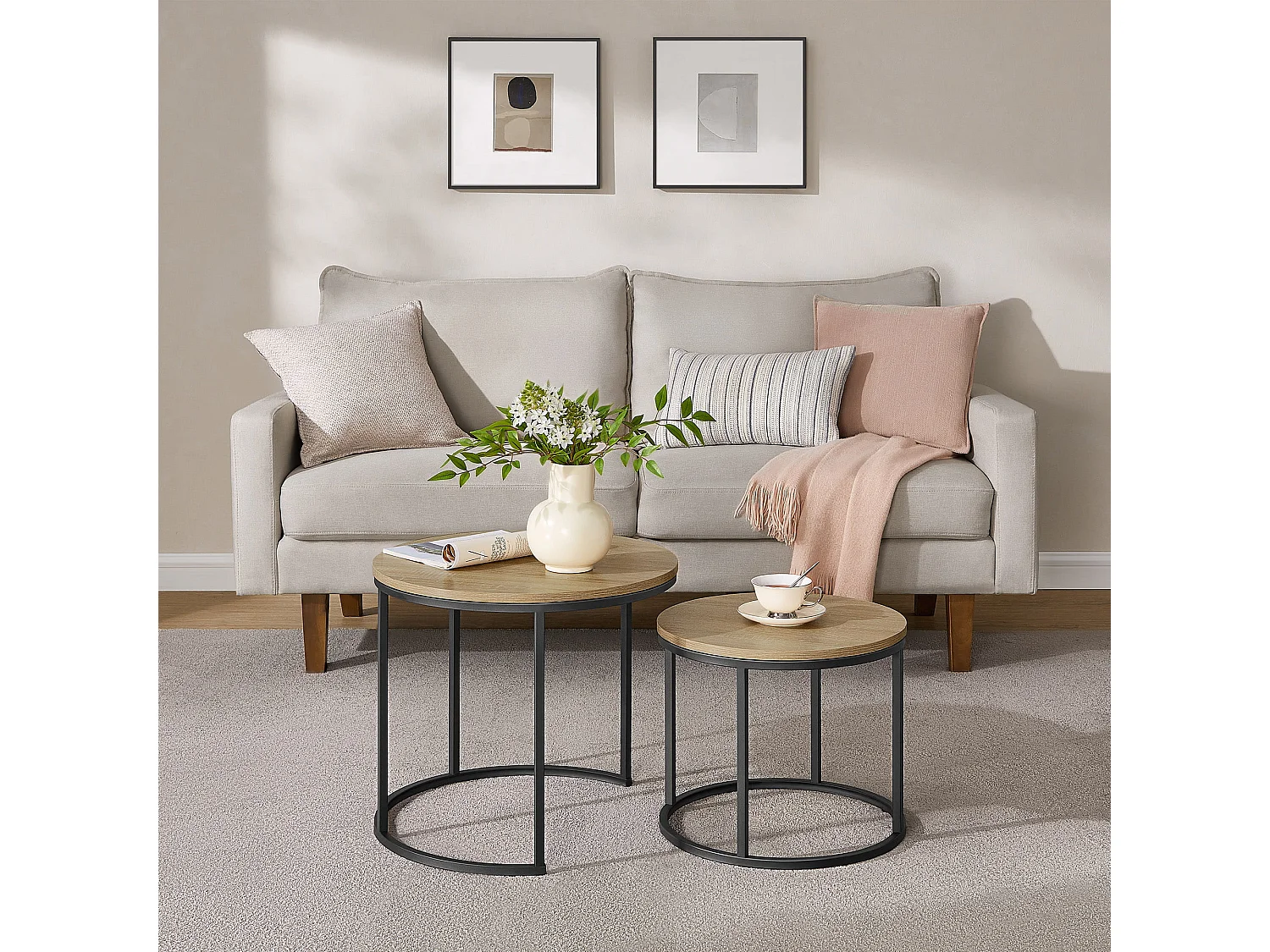 Ronde salontafel set van 2 spaanplaat metaal eiken zwart 53x45 cm 43x35 cm
