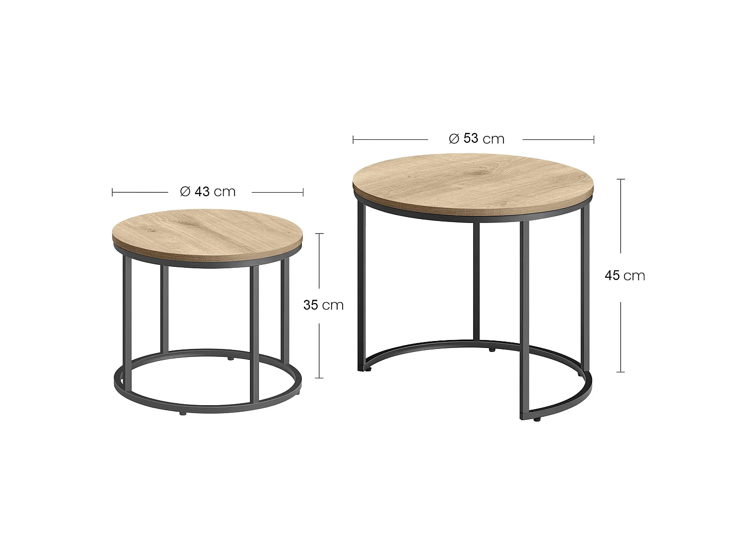 Ronde salontafel set van 2 spaanplaat metaal eiken zwart 53x45 cm 43x35 cm