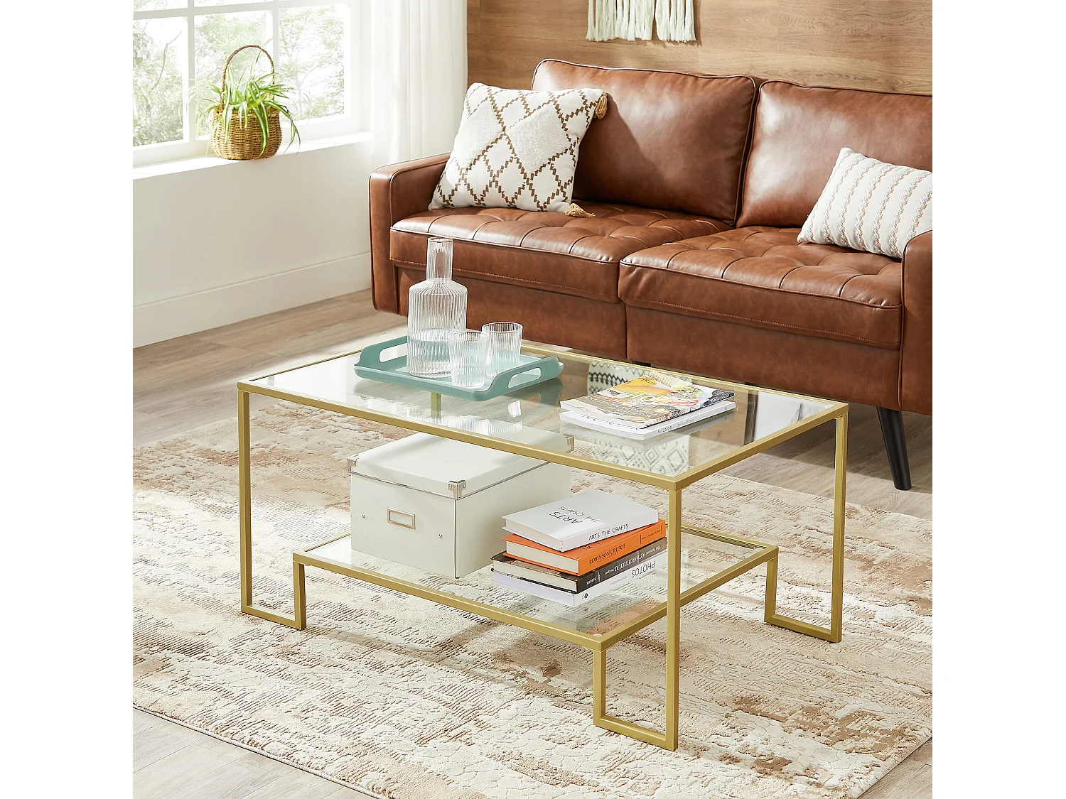 Salontafel LGT033A01 van gehard glas en staal goud 55x100x45 cm