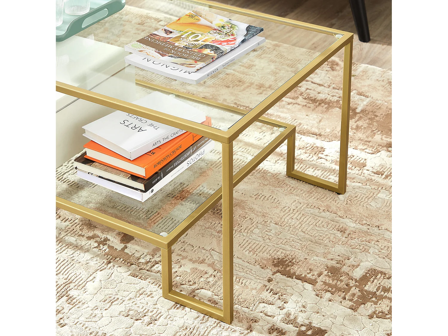 Salontafel LGT033A01 van gehard glas en staal goud 55x100x45 cm