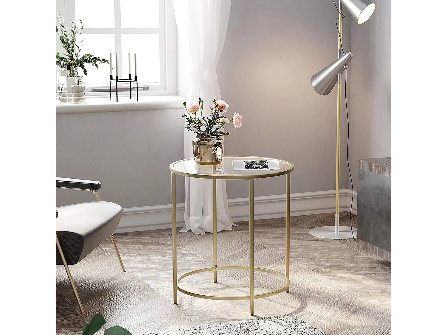 Table basse élégante en verre trempé fer doré transparent 50x55 cm