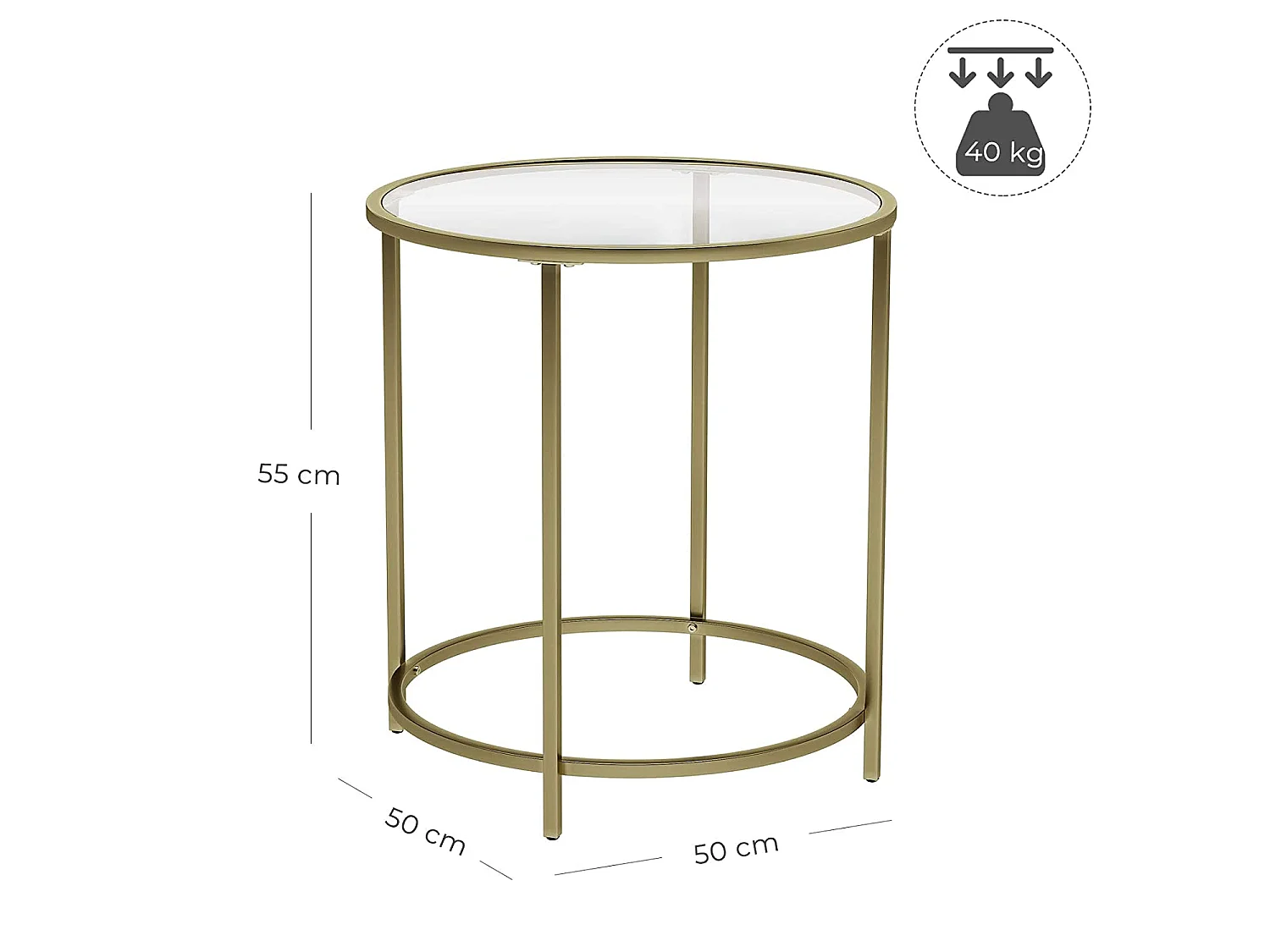 Table basse élégante en verre trempé fer doré transparent 50x55 cm
