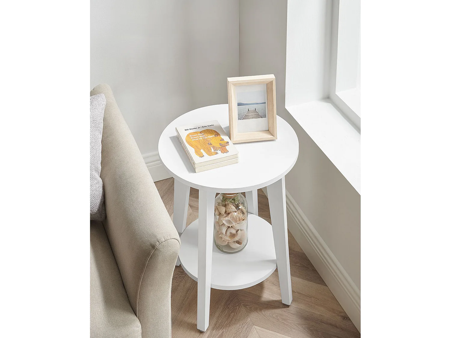 Runder Couchtisch mit Ablage Spanplatte Weiß 40x50,7 cm