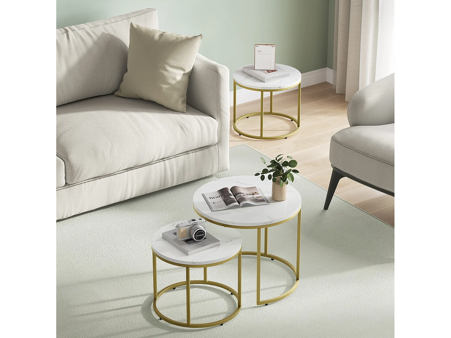 Tavolini da caffè rotondi 2 pz effetto marmo metallo oro 53x45 cm 43x35 cm