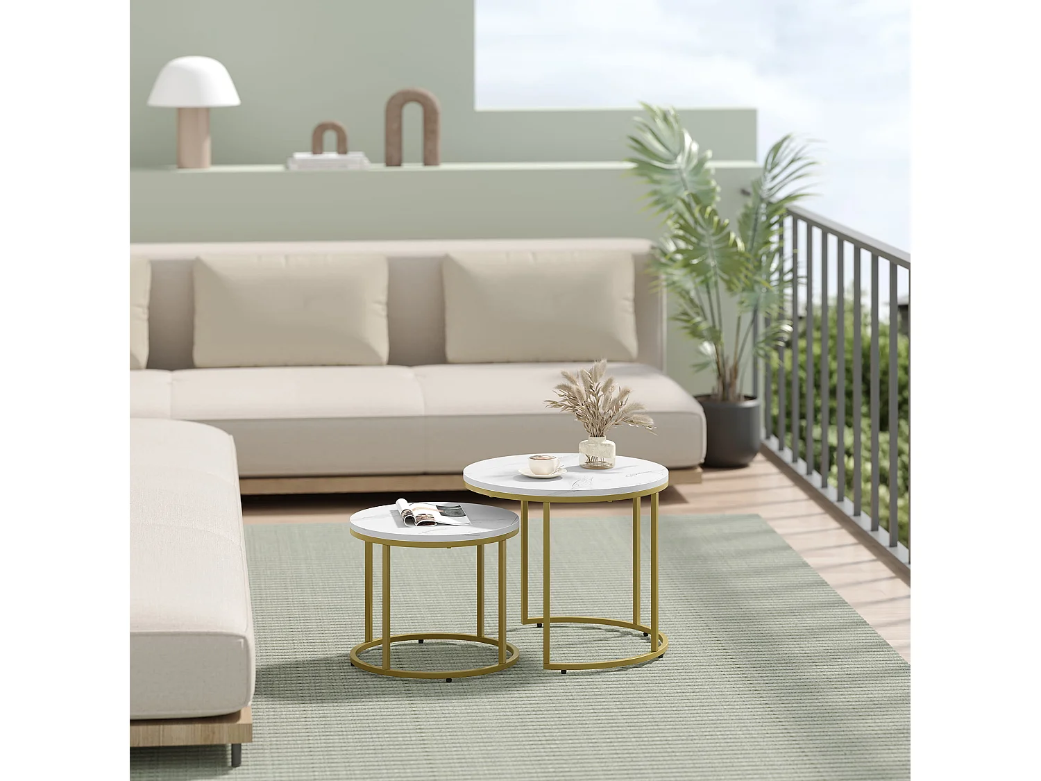 Tavolini da caffè rotondi 2 pz effetto marmo metallo oro 53x45 cm 43x35 cm