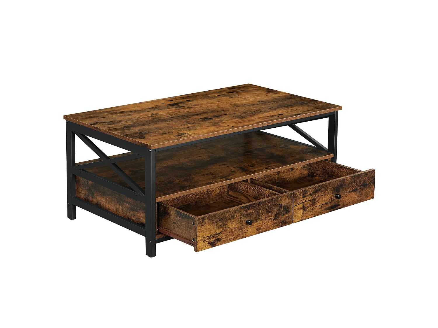 Salontafel met plank en 2 lades, spaanplaat en staal, rustiek bruin, 100x55x47 cm