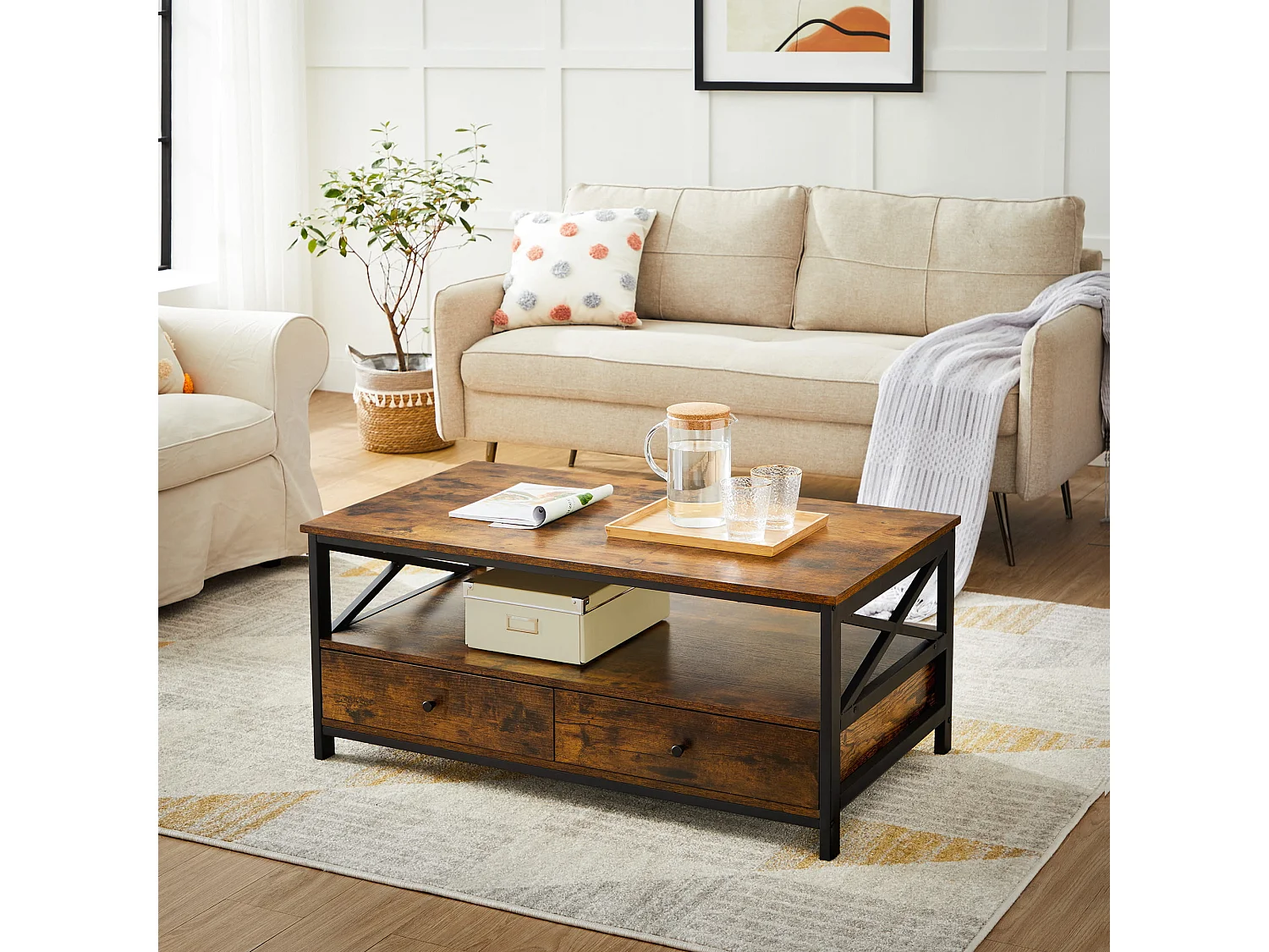 Salontafel met plank en 2 lades, spaanplaat en staal, rustiek bruin, 100x55x47 cm