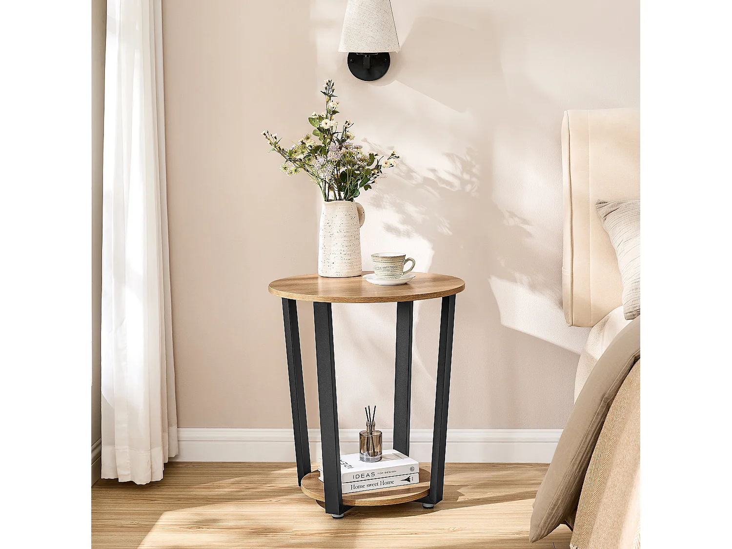 Ronde salontafel sonoma spaanplaat staal zwart 50x50x57 cm LET057B11